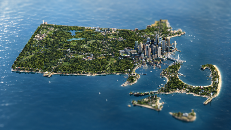 Tilt-shift aerial illustration of Massachusetts shaped as an island with Boston skyline, wooded regions, Cape Cod and coastal landmarks