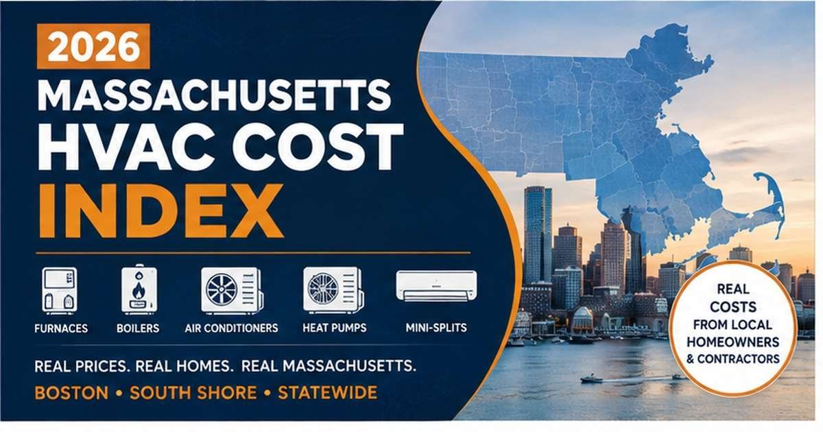 Massachusetts HVAC Cost Index 2026 covering furnace, boiler, AC, heat pump and mini-split costs across Boston and the South Shore